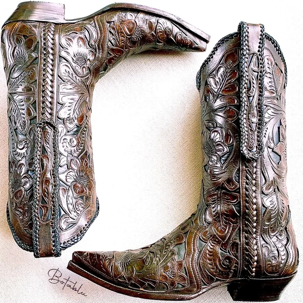 SOLD OLD GRINGO BOOT STAR Tooled Leather Handmade Brown Cowboy Western Boots 10 - Picture 4 of 14